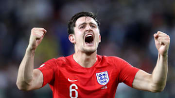 MOSCOW, RUSSIA - JULY 03: Harry Maguire of England celebrates victory following the 2018 FIFA World Cup Russia Round of 16 match between Colombia and England at Spartak Stadium on July 3, 2018 in Moscow, Russia. (Photo by Ryan Pierse/Getty Images)
