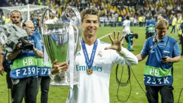Cristiano Ronaldo of Real Madrid with UEFA Champions League trophy, Coupe des clubs Champions Europeens during the UEFA Champions League final between Real Madrid and Liverpool on May 26, 2018 at NSC Olimpiyskiy Stadium in Kyiv, Ukraine(Photo by VI Images via Getty Images)