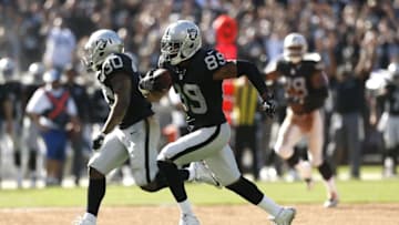 Sep 18, 2016; Oakland, CA, USA; Oakland Raiders wide receiver Amari Cooper (89) runs with the ball after making a catch against the Atlanta Falcons in the fourth quarter at Oakland-Alameda County Coliseum. The Falcons defeated the Raiders 35-28. Mandatory Credit: Cary Edmondson-USA TODAY Sports