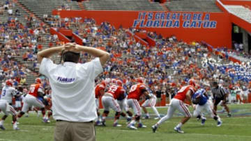 Apr 11, 2015; Gainesville, FL, USA; Florida Gators head coach Jim McElwain looks on during the first half at the Orange and Blue Debut at Ben Hill Griffin Stadium. Mandatory Credit: Kim Klement-USA TODAY Sports