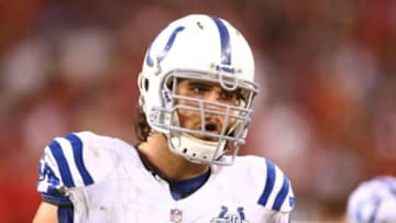 Nov 24, 2013; Phoenix, AZ, USA; Indianapolis Colts offensive tackle Anthony Castonzo (74) against the Arizona Cardinals at University of Phoenix Stadium. The Cardinals defeated the Colts 40-11. Mandatory Credit: Mark J. Rebilas-USA TODAY Sports