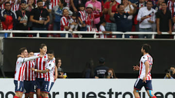 ZAPOPAN, MEXICO - MARCH 14: Javier Lopez of Chivas celebrates with his teammates after scoring the second goal of his team during the quarterfinals second leg match between Chivas and Seattle Sounders as part of the CONCACAF Champions League 2018 at Akron Stadium on March 14, 2018 in Zapopan, Mexico. (Photo by Refugio Ruiz/Getty Images)