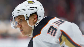 OTTAWA, ON - FEBRUARY 07: Anaheim Ducks Right Wing Jakob Silfverberg (33) prepares for a face-off during third period National Hockey League action between the Anaheim Ducks and Ottawa Senators on February 7, 2019, at Canadian Tire Centre in Ottawa, ON, Canada. (Photo by Richard A. Whittaker/Icon Sportswire via Getty Images)