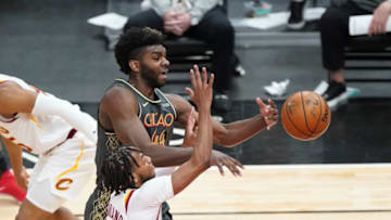CHICAGO, ILLINOIS - APRIL 17: Darius Garland #10 of the Cleveland Cavaliers pushes the ball away from Patrick Williams #44 of the Chicago Bulls at United Center on April 17, 2021 in Chicago, Illinois. NOTE TO USER: User expressly acknowledges and agrees that, by downloading and or using this photograph, User is consenting to the terms and conditions of the Getty Images License Agreement. (Photo by Nuccio DiNuzzo/Getty Images)
