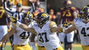 Oct 8, 2016; Minneapolis, MN, USA; Iowa Hawkeyes defensive back Brandon Snyder (37) celebrates after intercepting a ball in the second half against the Minnesota Golden Gophers at TCF Bank Stadium. The Hawkeyes won 14-7. Mandatory Credit: Jesse Johnson-USA TODAY Sports