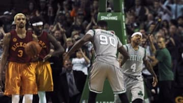 Jan 13, 2016; Boston, MA, USA; Boston Celtics forward Amir Johnson (90) congratulates guard Isaiah Thomas (4) after making a basket during the second half against the Indiana Pacers at TD Garden. Mandatory Credit: Bob DeChiara-USA TODAY Sports
