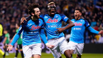 REGGIO NELL'EMILIA, ITALY - FEBRUARY 17: Khvicha Kvaratskhelia of SSC Napoli celebrate after scoring a goal with Victor Osimhen of SSC Napoli during the Serie A match between US Sassuolo and SSC Napoli at Mapei Stadium - Citta' del Tricolore on February 17, 2023 in Reggio nell'Emilia, Italy. (Photo by Danilo Di Giovanni/Getty Images)