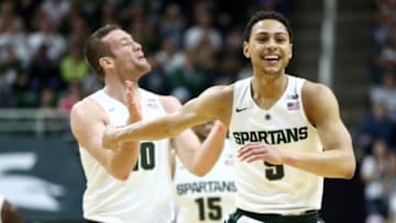 Feb 28, 2016; East Lansing, MI, USA; Michigan State Spartans guard Bryn Forbes (5) reacts to a play during the first half of a game against the Penn State Nittany Lions at Jack Breslin Student Events Center. Mandatory Credit: Mike Carter-USA TODAY Sports