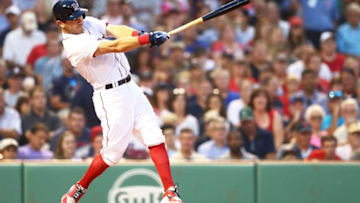 BOSTON, MA - JULY 31: Ian Kinsler #5 of the Boston Red Sox bats in the second dining of a game against the Philadelphia Phillies at Fenway Park on July 31, 2018 in Boston, Massachusetts. (Photo by Adam Glanzman/Getty Images)