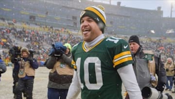 Dec 8, 2013; Green Bay, WI, USA; Green Bay Packers quarterback Matt Flynn (10) walks off the field after the Packers beat the Atlanta Falcons 22-21 at Lambeau Field. Mandatory Credit: Benny Sieu-USA TODAY Sports