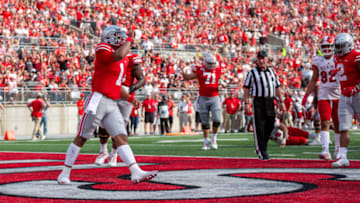 COLUMBUS, OH - SEPTEMBER 21: Justin Fields #1 of the Ohio State Buckeyes celebrates after scoring a touchdown during game action between the Ohio State Buckeyes and the Miami Redhawks on September 21, 2019, at Ohio Stadium in Columbus, OH. (Photo by Adam Lacy/Icon Sportswire via Getty Images)