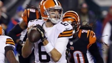 Nov 6, 2014; Cincinnati, OH, USA; Cleveland Browns quarterback Brian Hoyer (6) looks to pass during the first half against the Cincinnati Bengals at Paul Brown Stadium. Mandatory Credit: Aaron Doster-USA TODAY Sports