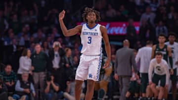 NEW YORK, NY - NOVEMBER 05: Kentucky Wildcats guard Tyrese Maxey (3) reacts during the second half of the State Farm Champions Classic game between the Michigan State Spartans and Kentucky Wildcats on November 5, 2019 at Madison Square Garden in New York, NY (Photo by John Jones/Icon Sportswire via Getty Images)