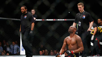 LONDON, ENGLAND - FEBRUARY 27: Anderson Silva of Brazil starts to celebrate his victory believing that he had knocked out Michael Bisping of Great Britain during the Middleweight Bout of the UFC Fight Night at The O2 Arena on February 27, 2016 in London, England. (Photo by Christopher Lee/Getty Images)