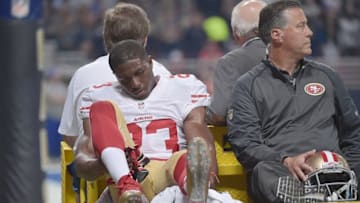 Nov 1, 2015; St. Louis, MO, USA; San Francisco 49ers running back Reggie Bush (23) is carted off the field after being injured during the first half against the St. Louis Rams at the Edward Jones Dome. Mandatory Credit: Denny Medley-USA TODAY Sports