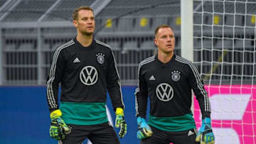 Germany's goalkeeper Manuel Neuer and Germany's goalkeeper Marc-Andre Ter Stegen (R) attend a training session of the German national football in Dortmund, western Germany on October 08, 2019. - Germany plays a friendly soccer match against Argentina in Dortmund on Wednesday. (Photo by Ina FASSBENDER / AFP) (Photo by INA FASSBENDER/AFP via Getty Images)