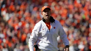 CLEMSON, SC - NOVEMBER 03: Head coach Dabo Swinney of the Clemson Tigers reacts against the Louisville Cardinals during their game at Clemson Memorial Stadium on November 3, 2018 in Clemson, South Carolina. (Photo by Streeter Lecka/Getty Images)