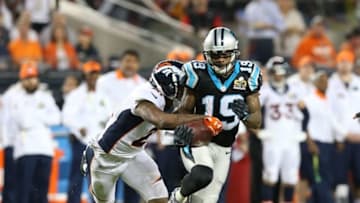 Feb 7, 2016; Santa Clara, CA, USA; Carolina Panthers receiver Ted Ginn Jr (19) runs after a reception against Denver Broncos cornerback Aqib Talib (21) in Super Bowl 50 at Levi