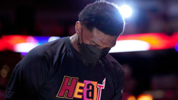 Udonis Haslem #40 of the Miami Heat close his eyes during the National Anthem(Photo by Mark Brown/Getty Images)