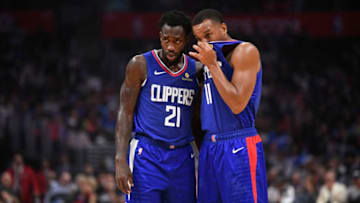 LOS ANGELES, CA - OCTOBER 28: Los Angeles Clippers Guard Patrick Beverley (21) and Los Angeles Clippers Guard Avery Bradley (11) confer during a NBA game between the Washington Wizards and the Los Angeles Clippers on October 28, 2018 at STAPLES Center in Los Angeles, CA. (Photo by Brian Rothmuller/Icon Sportswire via Getty Images)