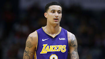 NEW ORLEANS, LA - MARCH 22: Kyle Kuzma #0 of the Los Angeles Lakers reacts during the first half against the New Orleans Pelicans at the Smoothie King Center on March 22, 2018 in New Orleans, Louisiana. NOTE TO USER: User expressly acknowledges and agrees that, by downloading and or using this photograph, User is consenting to the terms and conditions of the Getty Images License Agreement. (Photo by Jonathan Bachman/Getty Images)