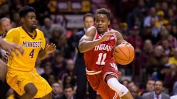 Jan 16, 2016; Minneapolis, MN, USA; Indiana Hoosiers guard Yogi Ferrell (11) dribbles in the first half against the Minnesota Gophers guard Kevin Dorsey Jr. (4) at Williams Arena. Mandatory Credit: Brad Rempel-USA TODAY Sports