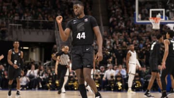 Dec 21, 2021; Detroit, Michigan, USA; Michigan State Spartans forward Gabe Brown (44) pumps his fist after a play during the first half against the Oakland Golden Grizzlies at Little Caesars Arena. Mandatory Credit: Raj Mehta-USA TODAY Sports