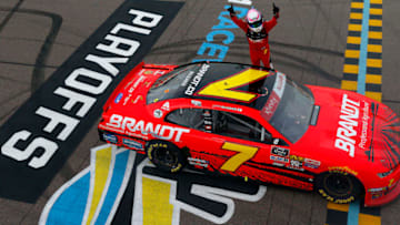 AVONDALE, ARIZONA - NOVEMBER 09: Justin Allgaier, driver of the #7 BRANDT Professional Agriculture Chevrolet, celebrates his victory during the NASCAR Xfinity Series Desert Diamond Casino West Valley 200 at ISM Raceway on November 09, 2019 in Avondale, Arizona. (Photo by Jonathan Ferrey/Getty Images)
