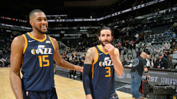 SAN ANTONIO, TX - FEBRUARY 3: Derrick Favors #15 and Ricky Rubio #3 of the Utah Jazz celebrate a win against the San Antonio Spurs on February 3, 2018 at the AT&T Center in San Antonio, Texas. Copyright 2018 NBAE (Photos by Mark Sobhani/NBAE via Getty Images)
