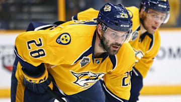 May 5, 2016; Nashville, TN, USA; Nashville Predators center Paul Gaustad (28) against the San Jose Sharks in game four of the second round of the 2016 Stanley Cup Playoffs at Bridgestone Arena. The Predators won 4-3. Mandatory Credit: Aaron Doster-USA TODAY Sports