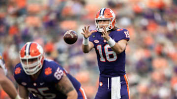 Nov 28, 2020; Clemson, SC, USA; Clemson quarterback Trevor Lawrence (16) takes a snap during the second quarter of the game against Pittsburgh at Memorial Stadium. Mandatory Credit: Ken Ruinard-USA TODAY Sports