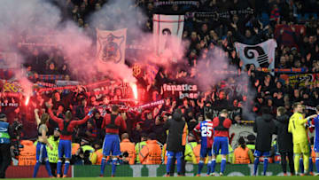 MANCHESTER, ENGLAND - MARCH 07: The FC Basel team celebrate victory with there fans after the UEFA Champions League Round of 16 Second Leg match between Manchester City and FC Basel at Etihad Stadium on March 7, 2018 in Manchester, United Kingdom. (Photo by Shaun Botterill/Getty Images)
