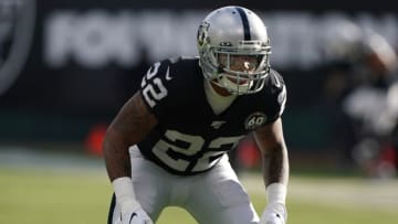 Dec 15, 2019; Oakland, CA, USA; Oakland Raiders defensive back Keisean Nixon (22) prepares for punt coverage during the second quarter against the Jacksonville Jaguars at Oakland Coliseum. Mandatory Credit: Darren Yamashita-USA TODAY Sports