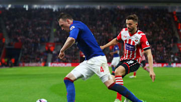 SOUTHAMPTON, ENGLAND - MAY 17: Phil Jones of Manchester United is put under pressure from Jay Rodriguez of Southampton during the Premier League match between Southampton and Manchester United at St Mary's Stadium on May 17, 2017 in Southampton, England. (Photo by Clive Rose/Getty Images)