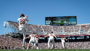 STATE COLLEGE, PA - SEPTEMBER 24: Punter Luke Elzinga #28 of the Central Michigan Chippewas kicks the ball during the first half of the game against the Penn State Nittany Lions at Beaver Stadium on September 24, 2022 in State College, Pennsylvania. (Photo by Scott Taetsch/Getty Images)