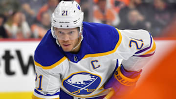 Apr 1, 2023; Philadelphia, Pennsylvania, USA; Buffalo Sabres right wing Kyle Okposo (21) against the Philadelphia Flyers at Wells Fargo Center. Mandatory Credit: Eric Hartline-USA TODAY Sports
