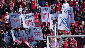 May 23, 2015; Toronto, Ontario, CAN; The Toronto FC fans show their displeasure with the decision of Maple Sports & Entertainment having the Toronto Argonauts from the Canadian Football League use BMO Field as their new home field during the first half in a game against the Portland Timbers at BMO Field. Toronto FC won 1-0. Mandatory Credit: Nick Turchiaro-USA TODAY Sports
