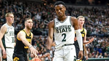Michigan State's Tyson Walker celebrates after scoring on Iowa's Josh Dix during the first half on Thursday, Jan. 26, 2023, at the Breslin Center in Lansing.230126 Msu Iowa Bball 063a