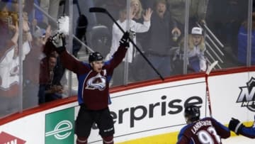 Apr 17, 2014; Denver, CO, USA; Colorado Avalanche center Paul Stastny (26) reacts after scoring a game tying goal with 13.4 seconds remaining in the third period of game one of the first round of the 2014 Stanley Cup Playoffs against the Minnesota Wild at Pepsi Center. Mandatory Credit: Chris Humphreys-USA TODAY Sports