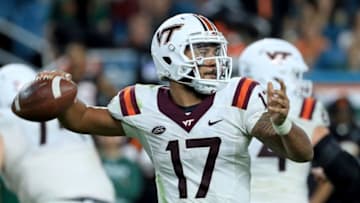 MIAMI GARDENS, FL - NOVEMBER 04: Josh Jackson #17 of the Virginia Tech Hokies passes during a game Miami Hurricanes at Hard Rock Stadium on November 4, 2017 in Miami Gardens, Florida. (Photo by Mike Ehrmann/Getty Images)