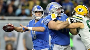 DETROIT, MI - DECEMBER 31: Quarterback Matthew Stafford #9 of the Detroit Lions looks to pass the ball against the Green Bay Packers during the first half at Ford Field on December 31, 2017 in Detroit, Michigan. (Photo by Leon Halip/Getty Images)