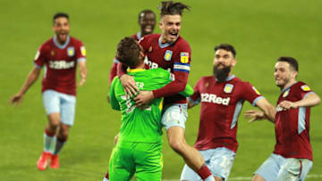 WEST BROMWICH, ENGLAND - MAY 14: Jack Grealish and Jed Steer of Aston Villa celebrate victory in the penalty shoot out with team mates during the Sky Bet Championship Play-off semi final second leg match between West Bromwich Albion and Aston Villa at The Hawthorns on May 14, 2019 in West Bromwich, England. (Photo by David Rogers/Getty Images )