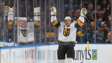 BUFFALO, NY - MARCH 10: Erik Haula #56 of the Vegas Golden Knights celebrates his game-winning shootout goal against the Buffalo Sabres during an NHL game on March 10, 2018 at KeyBank Center in Buffalo, New York. Vegas won, 2-1. (Photo by Bill Wippert/NHLI via Getty Images)