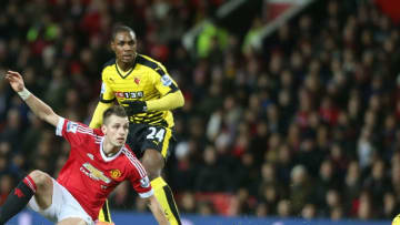 MANCHESTER, ENGLAND - MARCH 02: Morgan Schneiderlin of Manchester United in action with Odion Ighalo of Watford during the Barclays Premier League match between Manchester United and Watford at Old Trafford on March 2, 2016 in Manchester, England. (Photo by Matthew Peters/Manchester United via Getty Images)