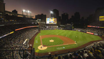 SAN DIEGO, CA - AUGUST 26: General view of the ballpark as the sun sets while the San Diego Padres face against the Los Angeles Dodgers on August 26, 2021 at Petco Park in San Diego, California. (Photo by Matt Thomas/San Diego Padres/Getty Images)