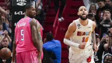 Caleb Martin #16 of the Miami Heat reacts after making a shot during the second half against the Washington Wizards (Photo by Eric Espada/Getty Images)