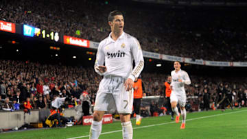 BARCELONA, SPAIN - APRIL 21: Cristiano Ronaldo of Real Madrid CF celebrates after scoring his team's 2nd goal during the La Liga match between FC Barcelona and Real Madrid CF at Camp Nou on April 21, 2012 in Barcelona, Spain. (Photo by Denis Doyle/Getty Images)