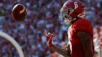 TUSCALOOSA, ALABAMA - SEPTEMBER 28: DeVonta Smith #6 of the Alabama Crimson Tide reacts after scoring a touchdown against the Mississippi Rebels at Bryant-Denny Stadium on September 28, 2019 in Tuscaloosa, Alabama. (Photo by Kevin C. Cox/Getty Images)