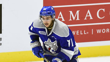MISSISSAUGA, ON - OCTOBER 6: David Levin #71 of the Sudbury Wolves turns up ice against the Mississauga Steelheads during CHL game action on October 6, 2017 at Hershey Centre in Mississauga, Ontario, Canada. (Photo by Graig Abel/Getty Images)