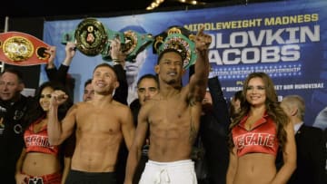 NEW YORK, NY - MARCH 17: Gennady Golovkin and Daniel Jacobs poses for photos during the weigh-in on March 17, 2017 at the Theater at Madison Square Garden in New York City, New York. (Photo by Williams Paul/Icon Sportswire via Getty Images)